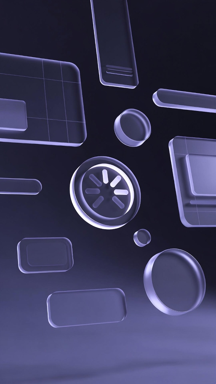 3D design tools and UI components floating in violet design space — kstych design canvas