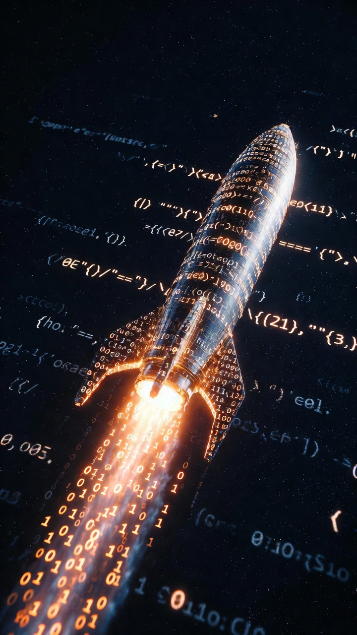 Rocket launching from a laptop screen, CI/CD pipeline as glowing neural pathways — kstych deployment